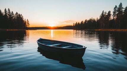 A tranquil lake scene at sunset with a small boat.