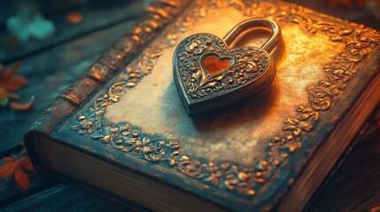Antique heart-shaped padlock on a vintage leather-bound book.