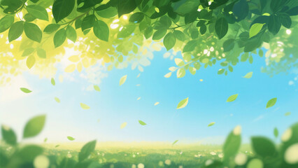 優しい新緑の背景イラスト 木漏れ日と舞い落ちる葉