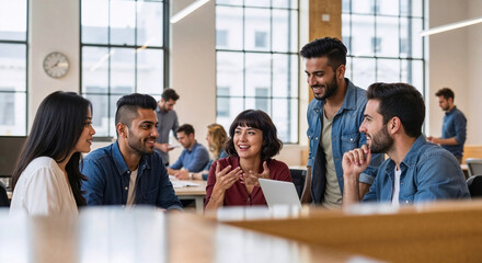 Gen Z business professionals having lively discussion in modern workplace