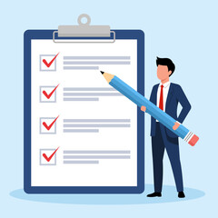 Illustration of a businessman with a large pencil checking off tasks on a clipboard, symbolizing project completion and productivity.