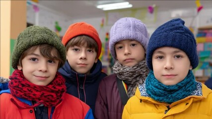 Four Boys in Winter Hats: Four boys, wearing colorful winter hats and scarves, look directly at the camera, conveying a sense of togetherness and warmth during the cold season. 