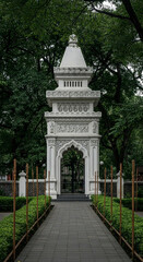 Obraz premium An ornate white stone archway stands serenely in a lush green park, creating a tranquil and peaceful atmosphere.