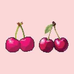 Pixel Art Cherry Set - 8-bit Fruit Icons. A set of charming 8-bit style pixel art cherries.
