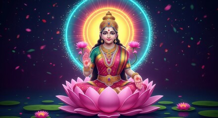 Obraz premium Goddess Lakshmi Seated on a Lotus Flower Illuminated by a Radiant Halo