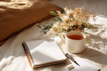 Floral teacup with planner and pen on cozy wooden desk in sunlight near window. Planner and checklist on a bright desk with morning sunlight, cup of tea and motivational notes
