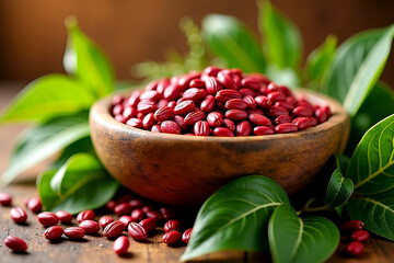 Earthy Wooden Bowl Overflowing with Vibrant Red Seeds and Fresh Green Leaves, Organic Still Life. AI Generative