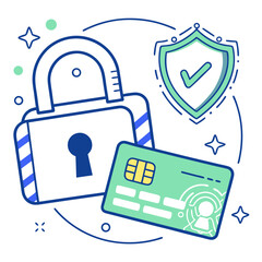 Illustration of a padlock, shield with a checkmark, and a credit card representing security and protection