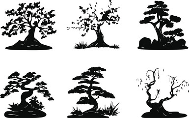 Set of vector silhouette tree and floral decoration elements