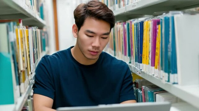 Focused Student in Library: A dedicated young man is deeply engrossed in his studies, surrounded by bookshelves filled with literary resources in a calm, studious environment.