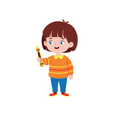 Cheerful Cartoon Girl Holding a Crayon, Ready to Draw and Create Colorful Art. Ideal for illustrating children's books, educational materials, and creative projects.