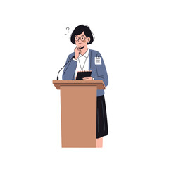 Illustration of a thoughtful speaker at a podium, suitable for use in presentations, educational materials, or articles about public speaking and communication skills.