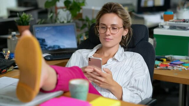 Relaxed Professional: A relaxed female professional taking a moment to check her smartphone with her feet up on the desk. An office setting with a modern atmosphere.