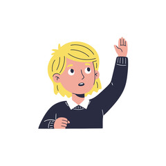 Blonde Haired Student Raising Her Hand in Class, Seeking to Answer a Question or Participate in Classroom Discussion, Ideal for Educational Resources.
