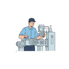 Cartoon Illustration of a Factory Worker Operating Machinery, Ideal for Demonstrating Industrial Processes, Manufacturing Operations, or Technical Training Materials