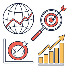 Illustration of business analytics elements including globe chart and magnifying glass target set
