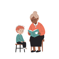Grandmother and Grandson Sharing a Story Moment Illustration for Children's Books and Family-Oriented Content, Suitable for Educational Materials and Intergenerational Bonding Themes.