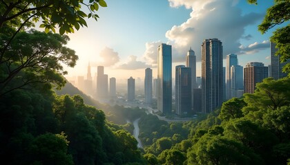 Obraz premium A scenic view of a city skyline surrounded by dense greenery during sunset