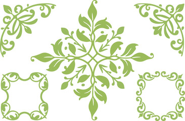 Elegant Green Floral Corner and Frame Design Elements: Vintage Style