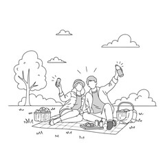 Line Art Illustration of a Couple Enjoying a Picnic and Taking Pictures in a Park Setting. Suitable for illustrating leisure activities, outdoor lifestyle, and social media content.