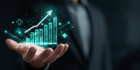 Hand holding growth business strategy arrow concept on success target improvement with increase development graph profit or economy investment income target and goal increase achievement.