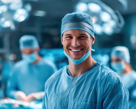 Smiling surgeon in a sterile operating room