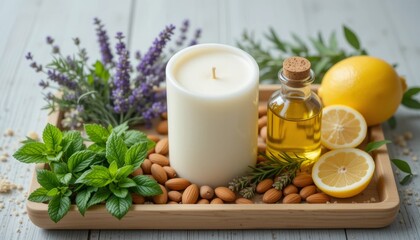 Aromatherapy concept featuring a candle, essential oil, lavender, lemon, and mint arranged on a wooden tray displaying natural relaxation.