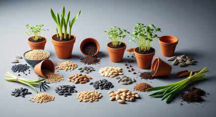 Variety Of Seeds And Young Plants In Clay Pots On Gray Surface