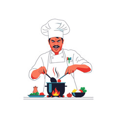 Professional chef cooking meal. Illustration for culinary arts education and training, restaurant marketing, cookbooks, food blogs, and gastronomic tourism promotions.