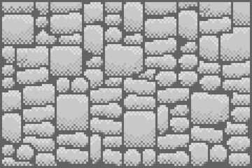 Pixel art stone wall texture, perfect for game backgrounds or retro design. Features various shades of grey and white blocks creating a seamless, classic dungeon or castle feel. 2D Brick Wall Texture 
