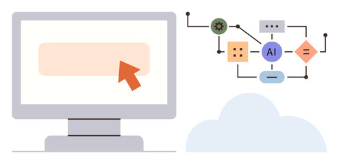 Computer screen with pointer clicking button, flowchart representing AI processes and cloud element. Ideal for AI, technology, programming, cloud services, automation, data processing, innovation