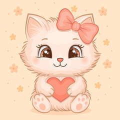 Adorable Fluffy Cartoon Cat character with hair bow and red heart. Vector illustration of the animal on a yellow background with flowers.