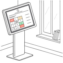 A digital information kiosk with a screen displaying a grid interface near a window with books on sill