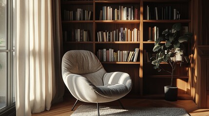 Small, cozy reading corner with a bookcase and a soft chair. .