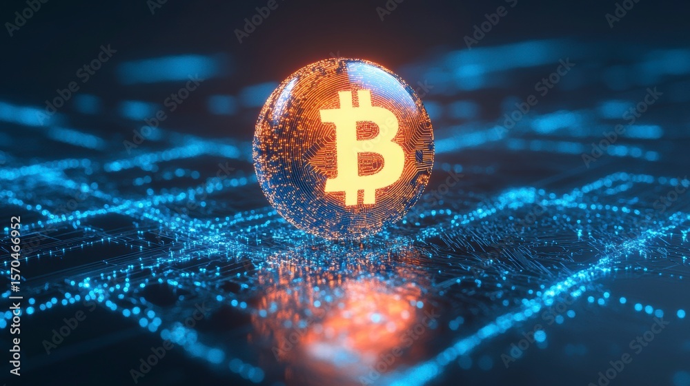 Poster Glowing Bitcoin symbol on a digital sphere, futuristic technology background.