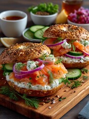 Smoked salmon bagels on a wooden board (1)