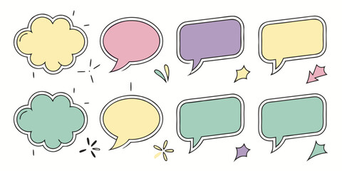 Collection of cute pastel speech bubbles with hand drawn elements and outlines