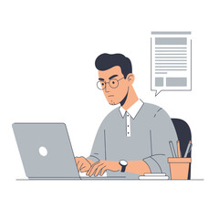 Focused Man Working on Laptop - Illustration