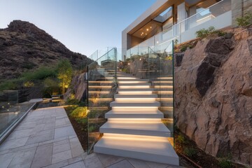 A grand hillside property a cascading stair structure with glass side rails ground lighting strips set into steep