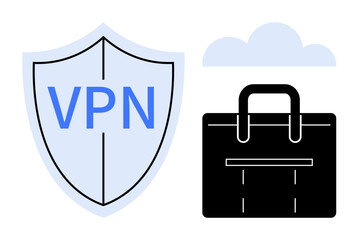 Shield labeled VPN, cloud, and briefcase emphasizing online security, remote work, business, privacy, cybersecurity, virtual connections and encrypted communication. Ideal for technology business
