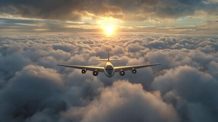 Airplane soars over a sea of clouds bathed in the warm glow of the setting sun