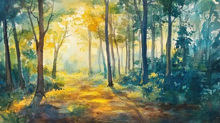 Obraz premium Sunlight filtering through trees on a serene forest path