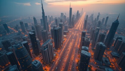Aerial view of vibrant cityscape at sunset with skyscrapers