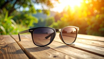Stylish Sunglasses on Wooden Table in Sunlight 