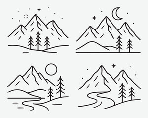 Minimalist mountain landscape scenes with pine trees, rivers, and stars in clean black line illustration.