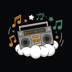 Old school boombox with colorful music notes, playful fun retro cartoon vibe, vector illustration design