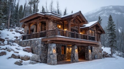 A hillside chalet constructed from reclaimed wood stone a wraparound deck with mountain views captured during snowfall with