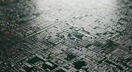Close-up of a detailed circuit board, showcasing intricate electronic components and pathways.