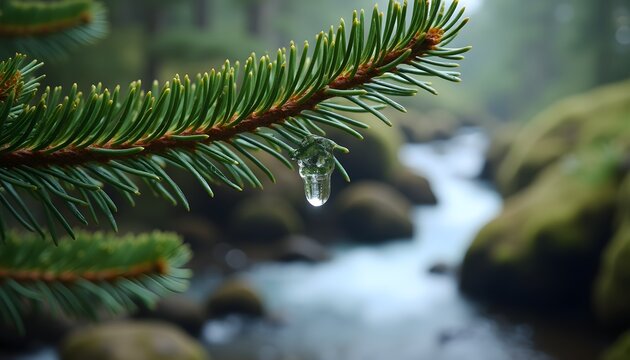 A close-up of a pine tree branch with a single drop of water on it, set against a blurred background of a forest and a river