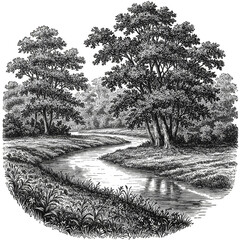 Black and White River Landscape Illustration with Transparent Background